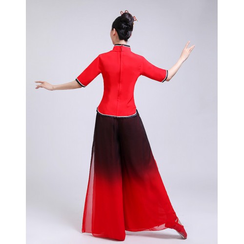 Red gradient colored women chinese folk dance costumes fan umbrella classical dance yangko performance dresses
